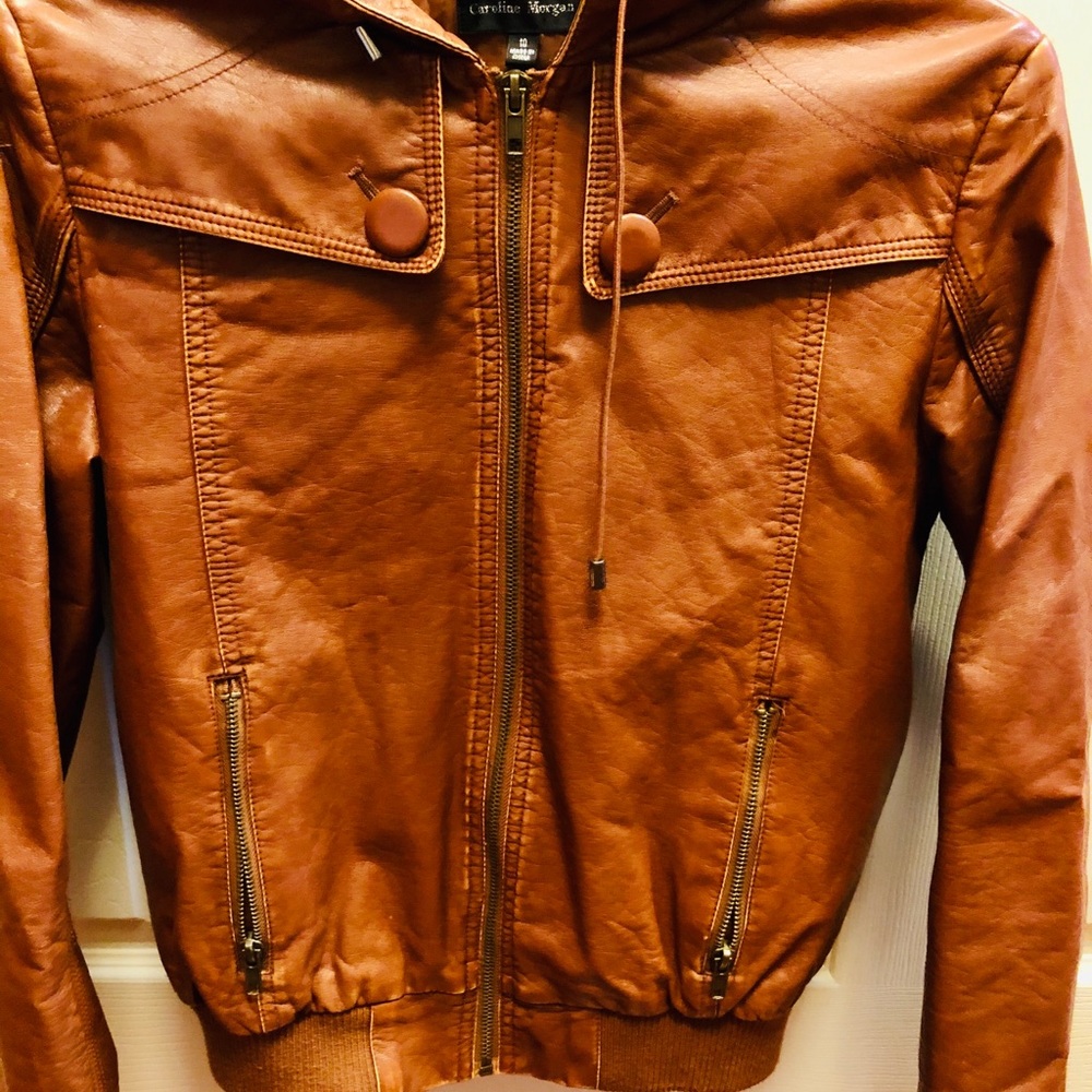 Brown Leather Jacket with Hood.